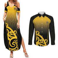 Custom Motueka High School Couples Matching Summer Maxi Dress and Long Sleeve Button Shirt Maori Koru Pattern LT05 Black - Polynesian Pride