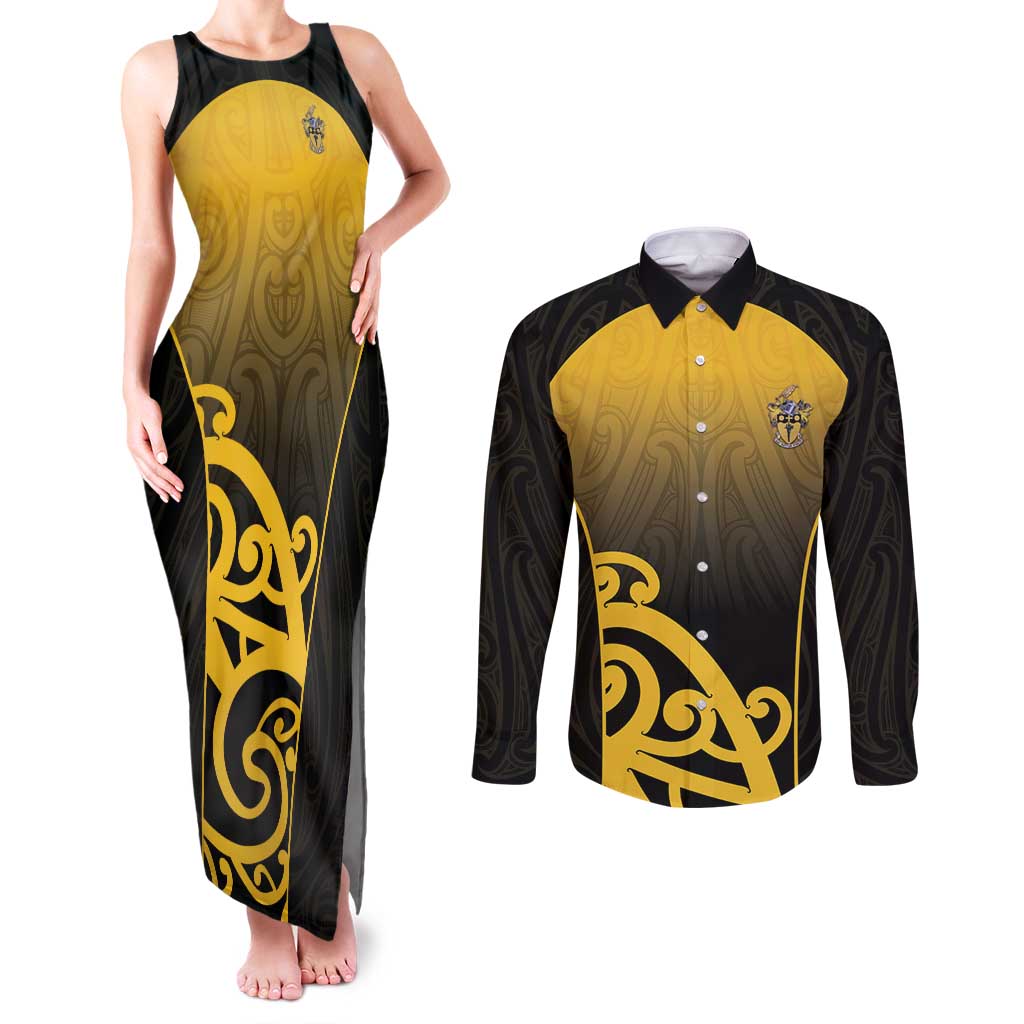 Custom Motueka High School Couples Matching Tank Maxi Dress and Long Sleeve Button Shirt Maori Koru Pattern LT05 Black - Polynesian Pride