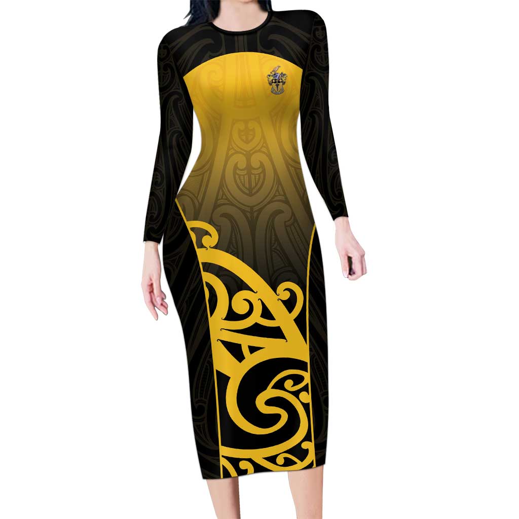 Custom Motueka High School Long Sleeve Bodycon Dress Maori Koru Pattern LT05 Long Dress Black - Polynesian Pride