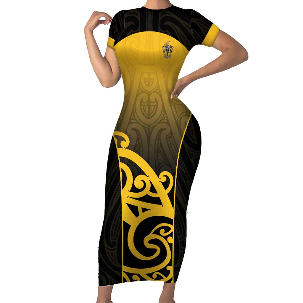 Custom Motueka High School Short Sleeve Bodycon Dress Maori Koru Pattern LT05 Long Dress Black - Polynesian Pride