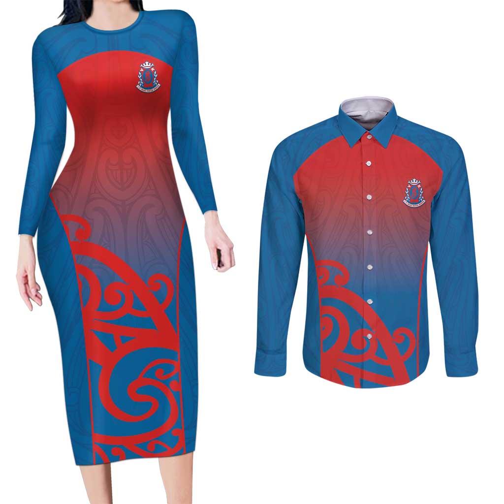 Custom St Joseph's Maori Girls' College Couples Matching Long Sleeve Bodycon Dress and Long Sleeve Button Shirt Maori Koru Pattern LT05 Blue - Polynesian Pride