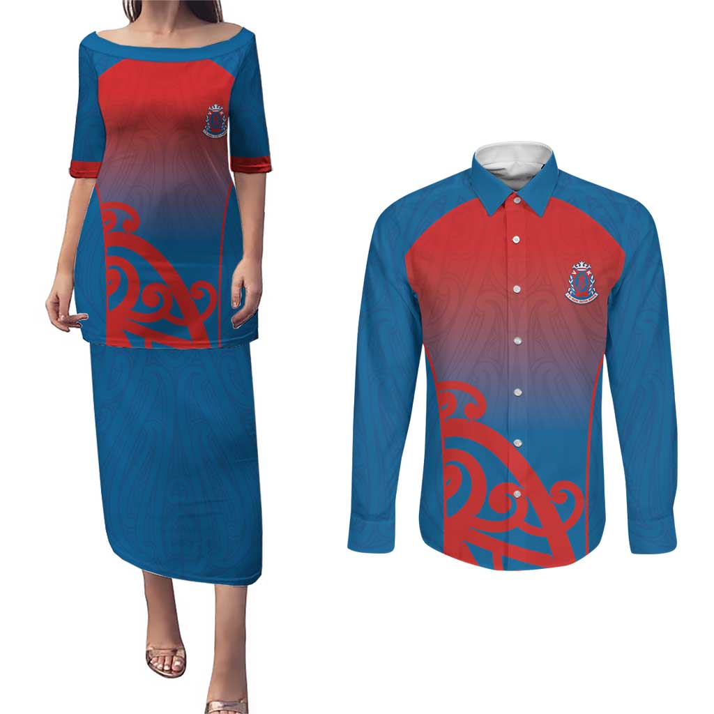 Custom St Joseph's Maori Girls' College Couples Matching Puletasi and Long Sleeve Button Shirt Maori Koru Pattern LT05 Blue - Polynesian Pride
