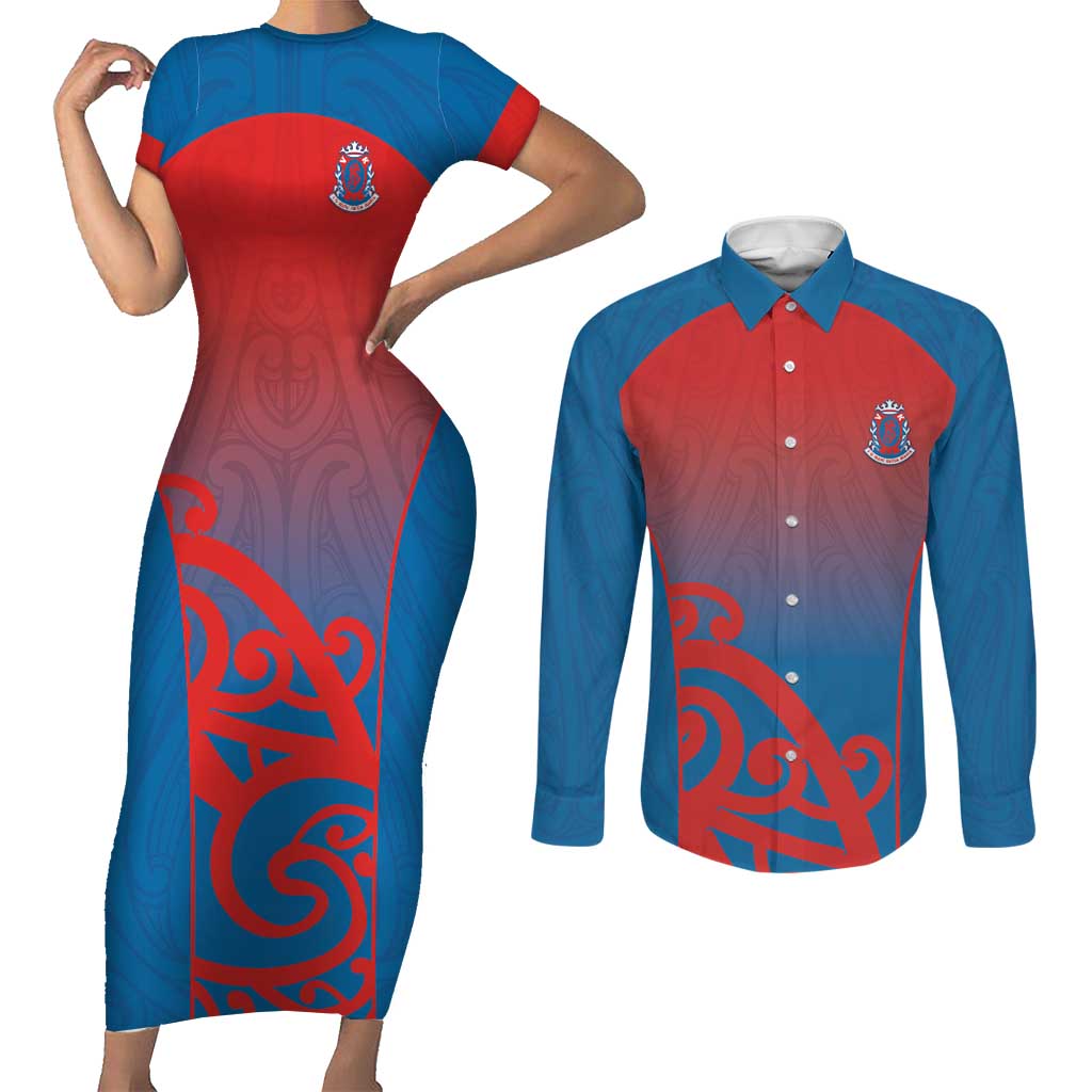 Custom St Joseph's Maori Girls' College Couples Matching Short Sleeve Bodycon Dress and Long Sleeve Button Shirt Maori Koru Pattern LT05 Blue - Polynesian Pride