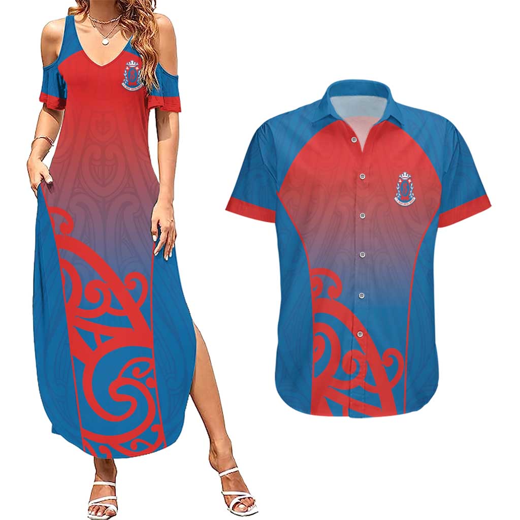 Custom St Joseph's Maori Girls' College Couples Matching Summer Maxi Dress and Hawaiian Shirt Maori Koru Pattern LT05 Blue - Polynesian Pride
