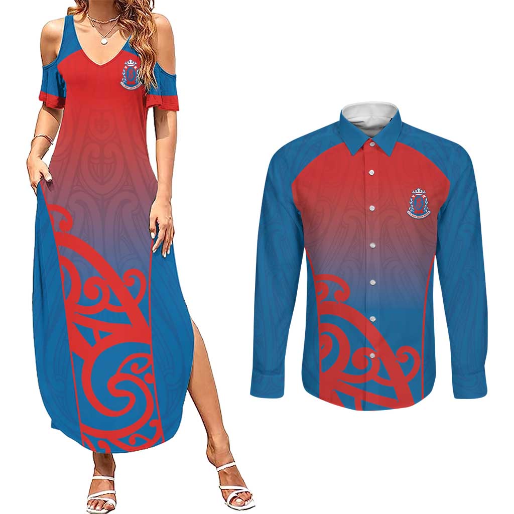 Custom St Joseph's Maori Girls' College Couples Matching Summer Maxi Dress and Long Sleeve Button Shirt Maori Koru Pattern LT05 Blue - Polynesian Pride