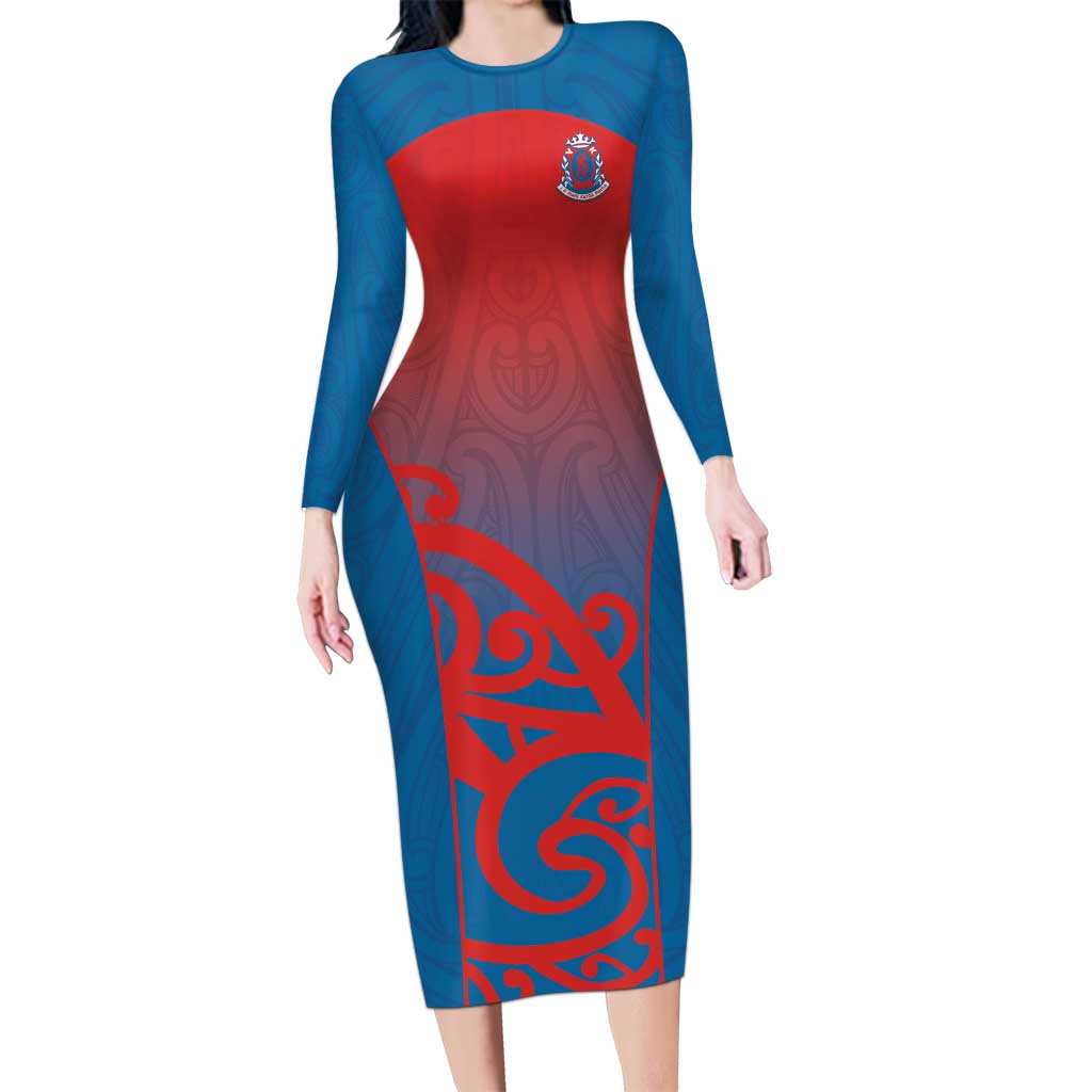 Custom St Joseph's Maori Girls' College Long Sleeve Bodycon Dress Maori Koru Pattern LT05 Long Dress Blue - Polynesian Pride