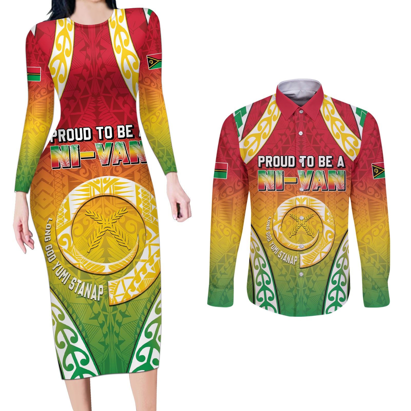 Personalised Vanuatu Couples Matching Long Sleeve Bodycon Dress and Long Sleeve Button Shirt Proud To Be A Ni-Van With Tribal Pattern