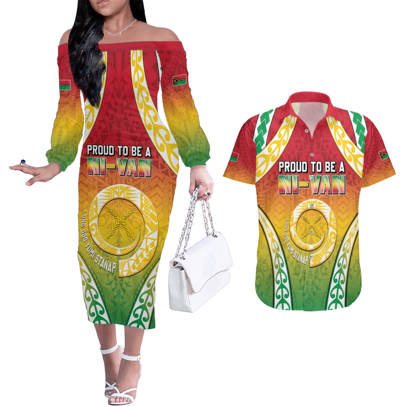 Personalised Vanuatu Couples Matching Off The Shoulder Long Sleeve Dress and Hawaiian Shirt Proud To Be A Ni-Van With Tribal Pattern