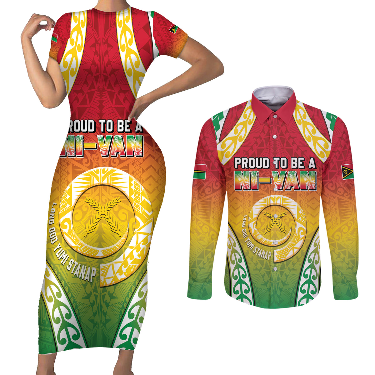 Personalised Vanuatu Couples Matching Short Sleeve Bodycon Dress and Long Sleeve Button Shirt Proud To Be A Ni-Van With Tribal Pattern