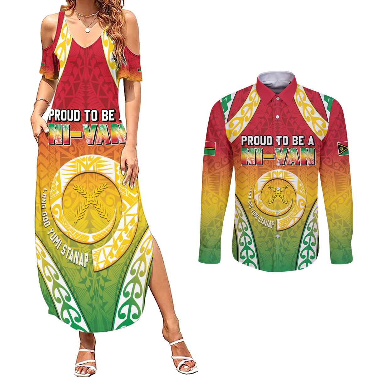 Personalised Vanuatu Couples Matching Summer Maxi Dress and Long Sleeve Button Shirt Proud To Be A Ni-Van With Tribal Pattern