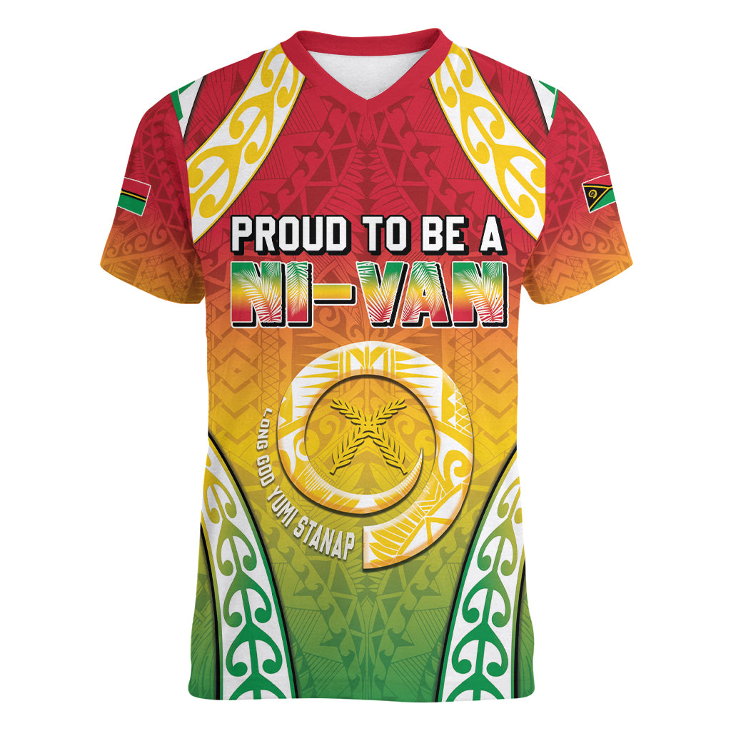 Personalised Vanuatu Women V-Neck T-Shirt Proud To Be A Ni-Van With Tribal Pattern