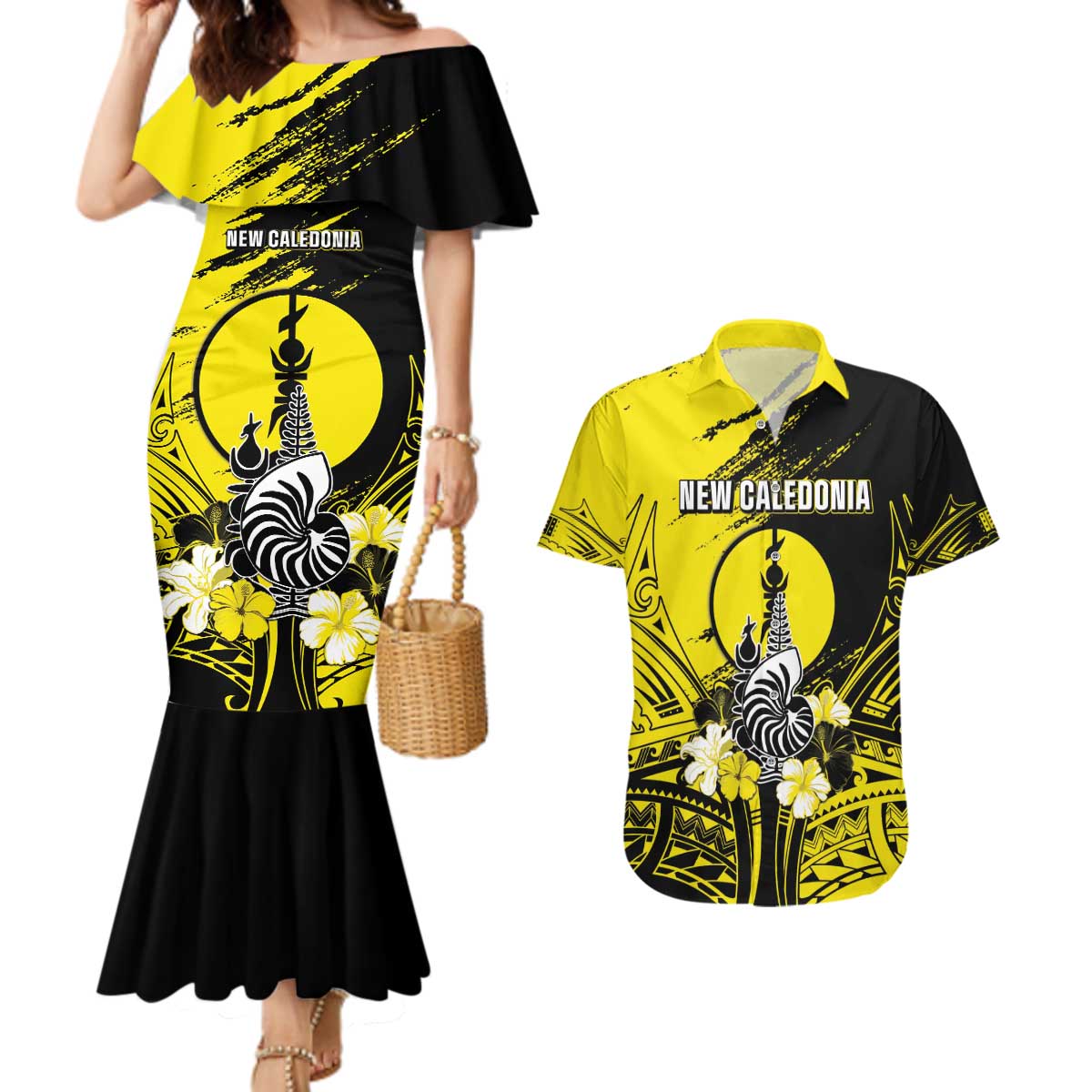 Personalised New Caledonia Day Couples Matching Mermaid Dress and Hawaiian Shirt Kanaky Flag Coat Of Arms Polynesian Pattern LT05 Yellow - Polynesian Pride