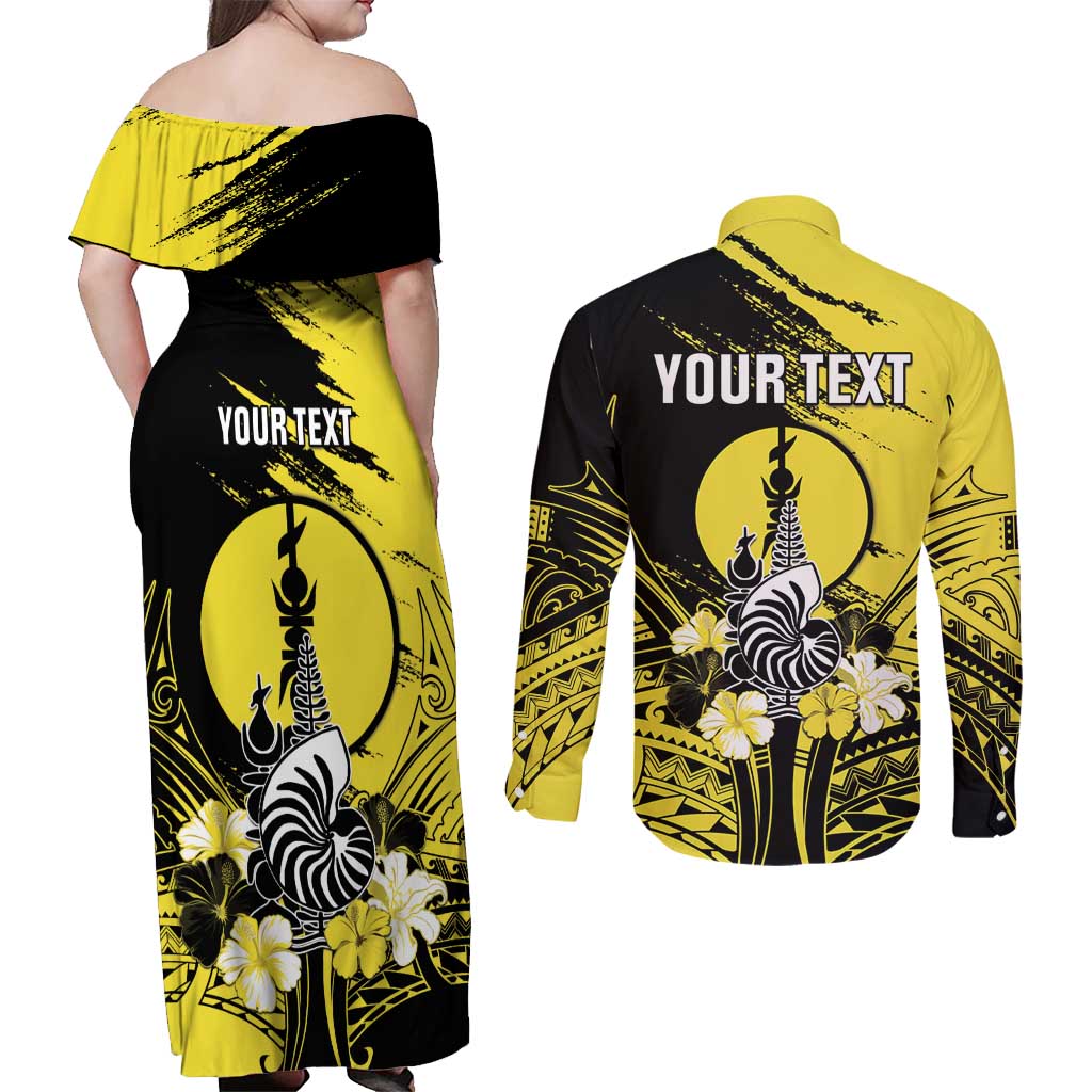 Personalised New Caledonia Day Couples Matching Off Shoulder Maxi Dress and Long Sleeve Button Shirt Kanaky Flag Coat Of Arms Polynesian Pattern