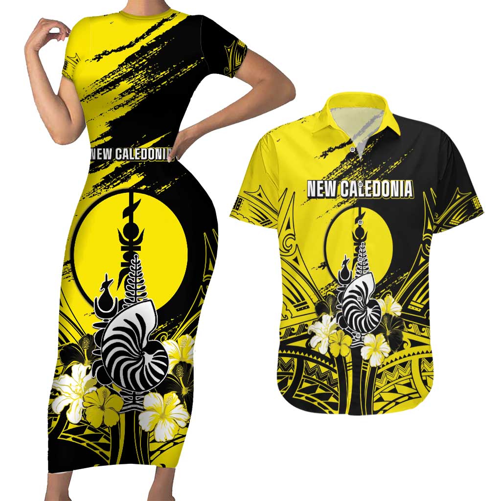 Personalised New Caledonia Day Couples Matching Short Sleeve Bodycon Dress and Hawaiian Shirt Kanaky Flag Coat Of Arms Polynesian Pattern LT05 Yellow - Polynesian Pride
