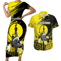 Personalised New Caledonia Day Couples Matching Short Sleeve Bodycon Dress and Hawaiian Shirt Kanaky Flag Coat Of Arms Polynesian Pattern LT05 Yellow - Polynesian Pride