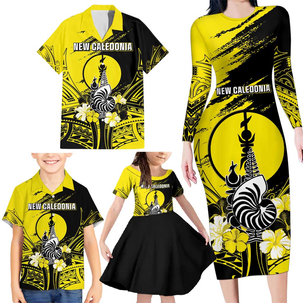 Personalised New Caledonia Day Family Matching Long Sleeve Bodycon Dress and Hawaiian Shirt Kanaky Flag Coat Of Arms Polynesian Pattern LT05 - Polynesian Pride