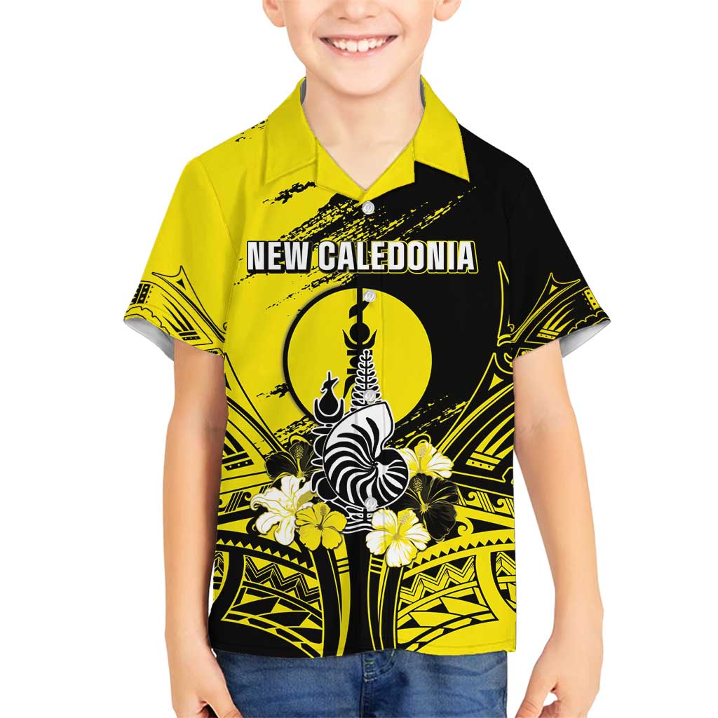 Personalised New Caledonia Day Family Matching Long Sleeve Bodycon Dress and Hawaiian Shirt Kanaky Flag Coat Of Arms Polynesian Pattern LT05 Son's Shirt Yellow - Polynesian Pride