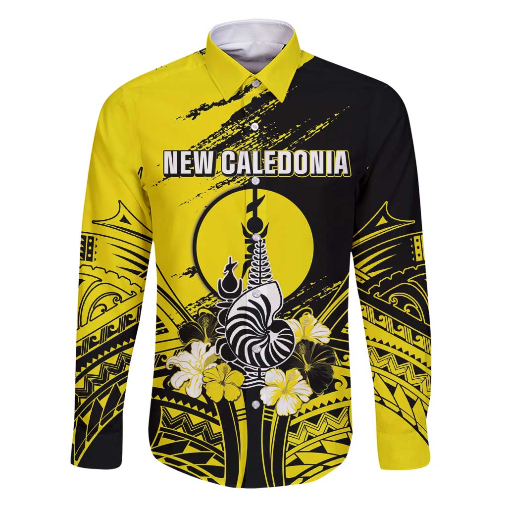 Personalised New Caledonia Day Family Matching Mermaid Dress and Hawaiian Shirt Kanaky Flag Coat Of Arms Polynesian Pattern LT05 Dad's Shirt - Long Sleeve Yellow - Polynesian Pride