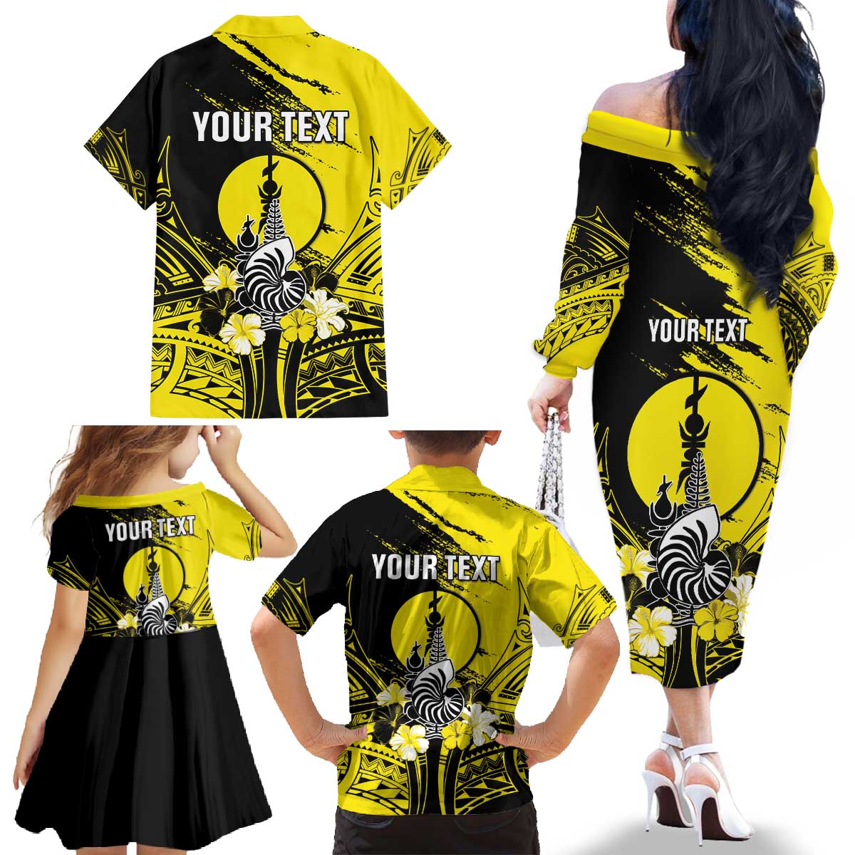 Personalised New Caledonia Day Family Matching Off The Shoulder Long Sleeve Dress and Hawaiian Shirt Kanaky Flag Coat Of Arms Polynesian Pattern LT05 - Polynesian Pride