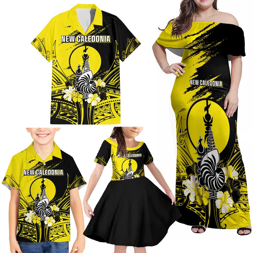 Personalised New Caledonia Day Family Matching Off Shoulder Maxi Dress and Hawaiian Shirt Kanaky Flag Coat Of Arms Polynesian Pattern LT05 - Polynesian Pride