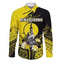 Personalised New Caledonia Day Family Matching Off Shoulder Maxi Dress and Hawaiian Shirt Kanaky Flag Coat Of Arms Polynesian Pattern LT05 Dad's Shirt - Long Sleeve Yellow - Polynesian Pride