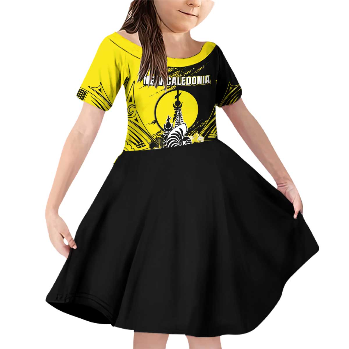 Personalised New Caledonia Day Family Matching Off Shoulder Short Dress and Hawaiian Shirt Kanaky Flag Coat Of Arms Polynesian Pattern LT05 Daughter's Dress Yellow - Polynesian Pride