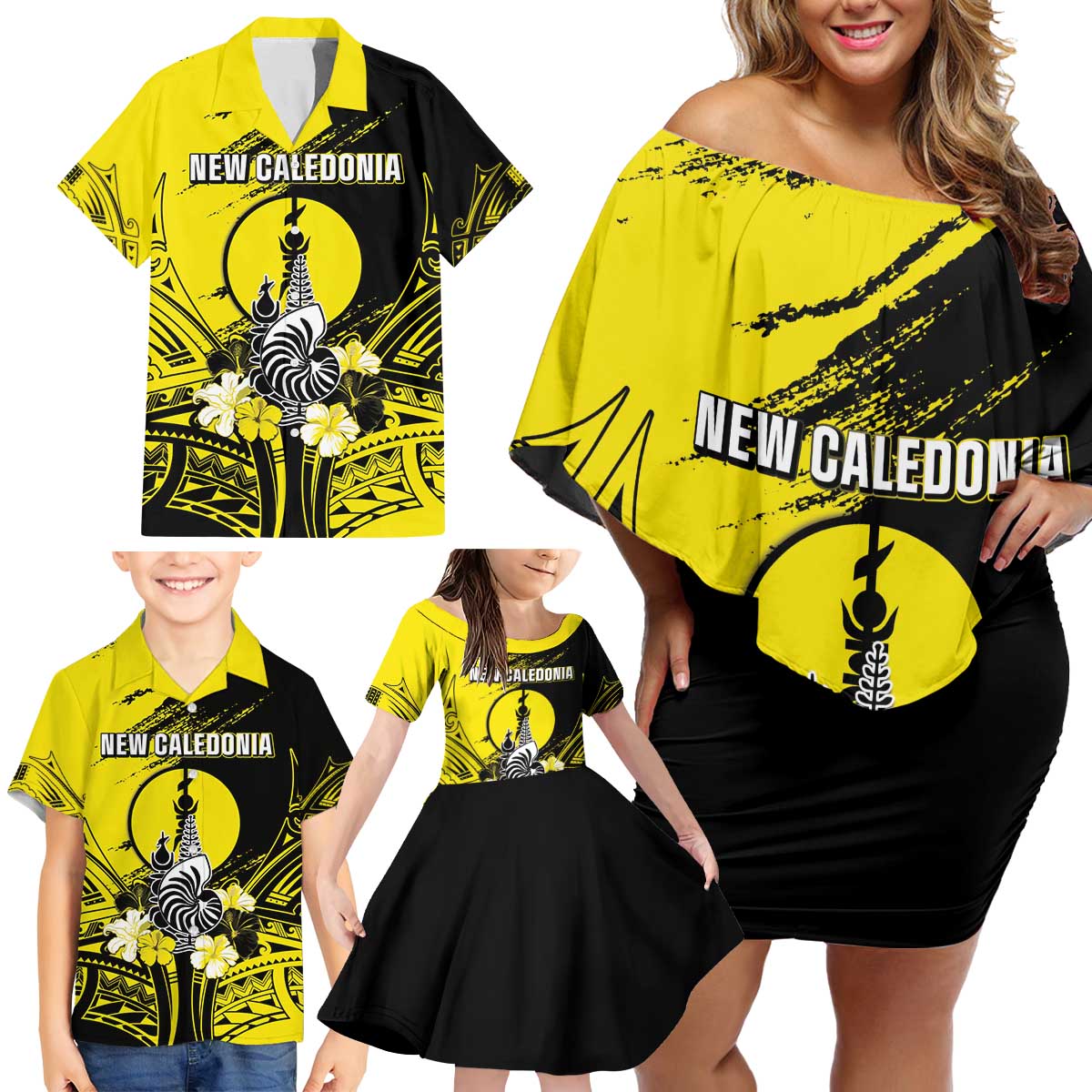 Personalised New Caledonia Day Family Matching Off Shoulder Short Dress and Hawaiian Shirt Kanaky Flag Coat Of Arms Polynesian Pattern LT05 - Polynesian Pride