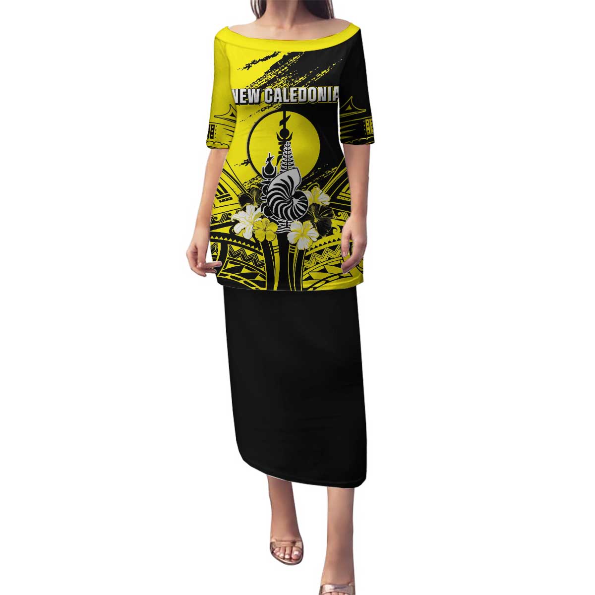 Personalised New Caledonia Day Family Matching Puletasi and Hawaiian Shirt Kanaky Flag Coat Of Arms Polynesian Pattern LT05 Mom's Dress Yellow - Polynesian Pride