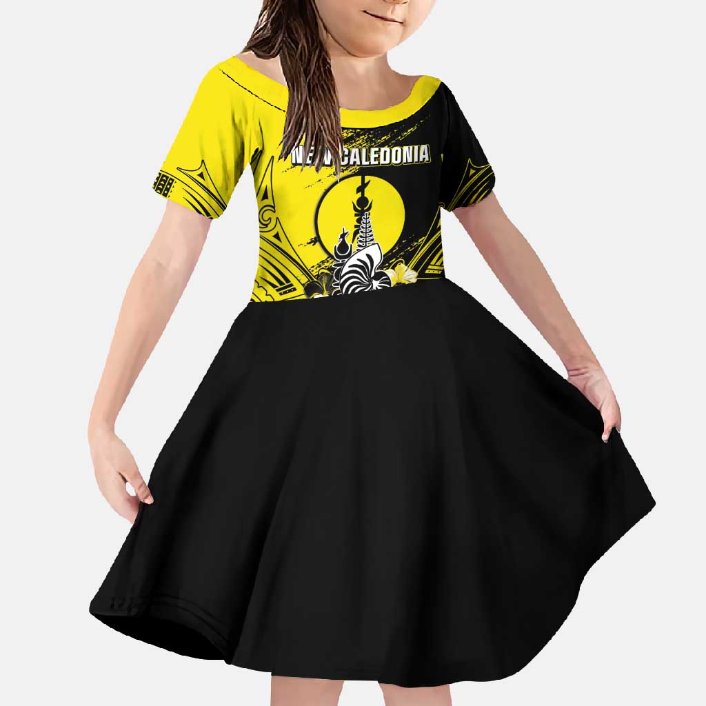 Personalised New Caledonia Day Family Matching Short Sleeve Bodycon Dress and Hawaiian Shirt Kanaky Flag Coat Of Arms Polynesian Pattern LT05 Daughter's Dress Yellow - Polynesian Pride