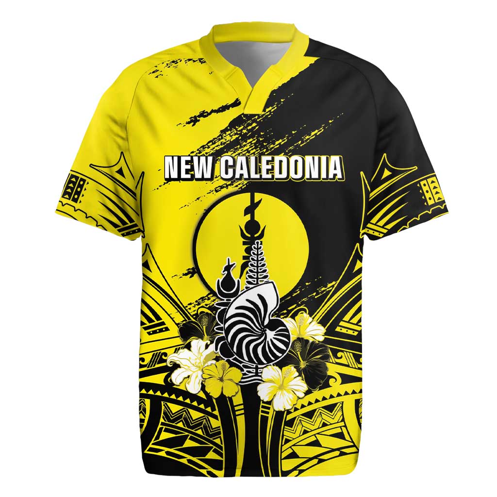 Personalised New Caledonia Day Rugby Jersey Kanaky Flag Coat Of Arms Polynesian Pattern LT05 Yellow - Polynesian Pride