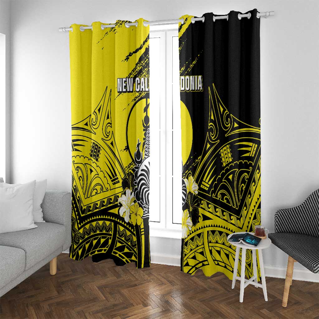 New Caledonia Day Window Curtain Kanaky Flag Coat Of Arms Polynesian Pattern LT05 With Grommets Yellow - Polynesian Pride