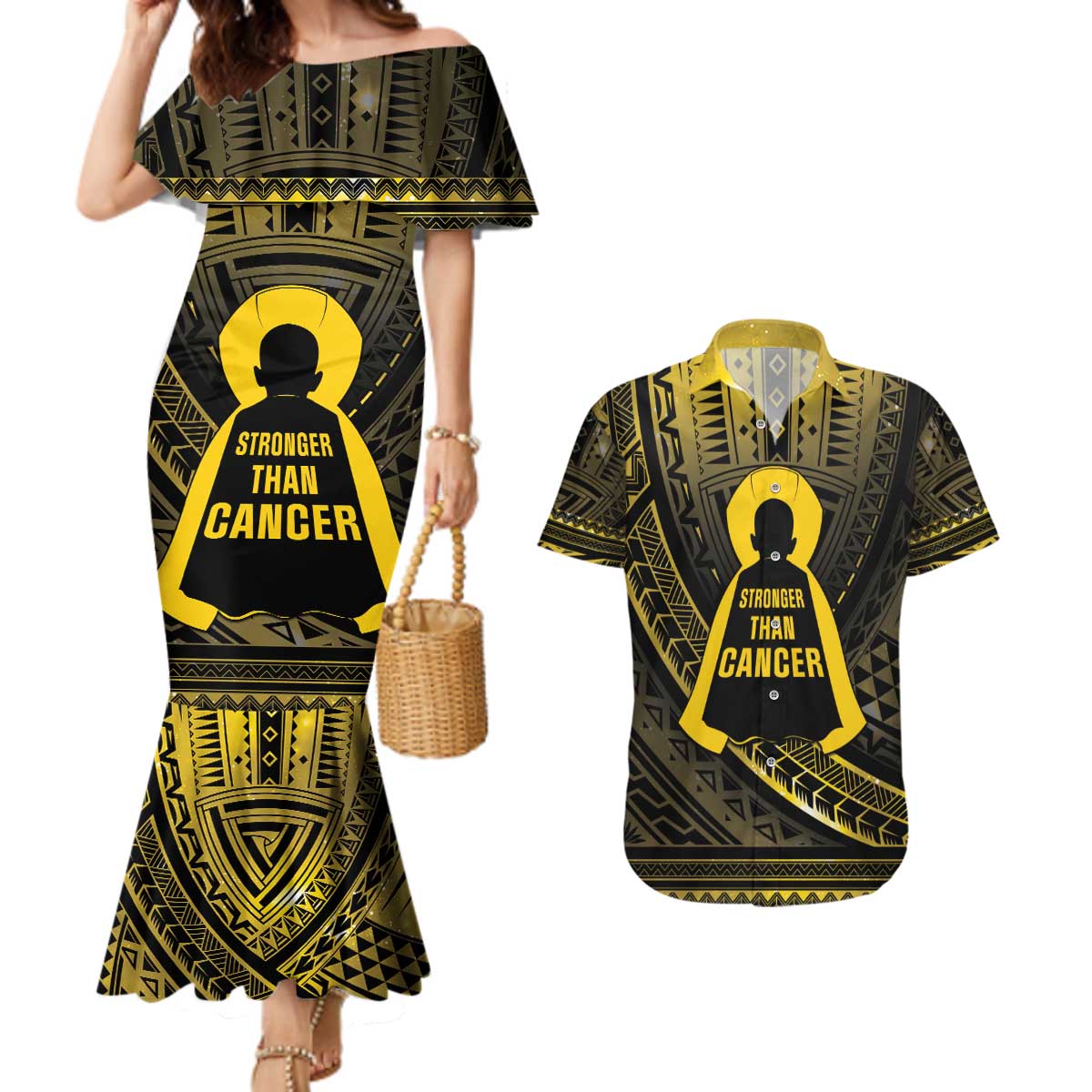 Personalised Polynesia Childhood Cancer Awareness Couples Matching Mermaid Dress and Hawaiian Shirt You Are Stronger Than Cancer LT05 Black - Polynesian Pride