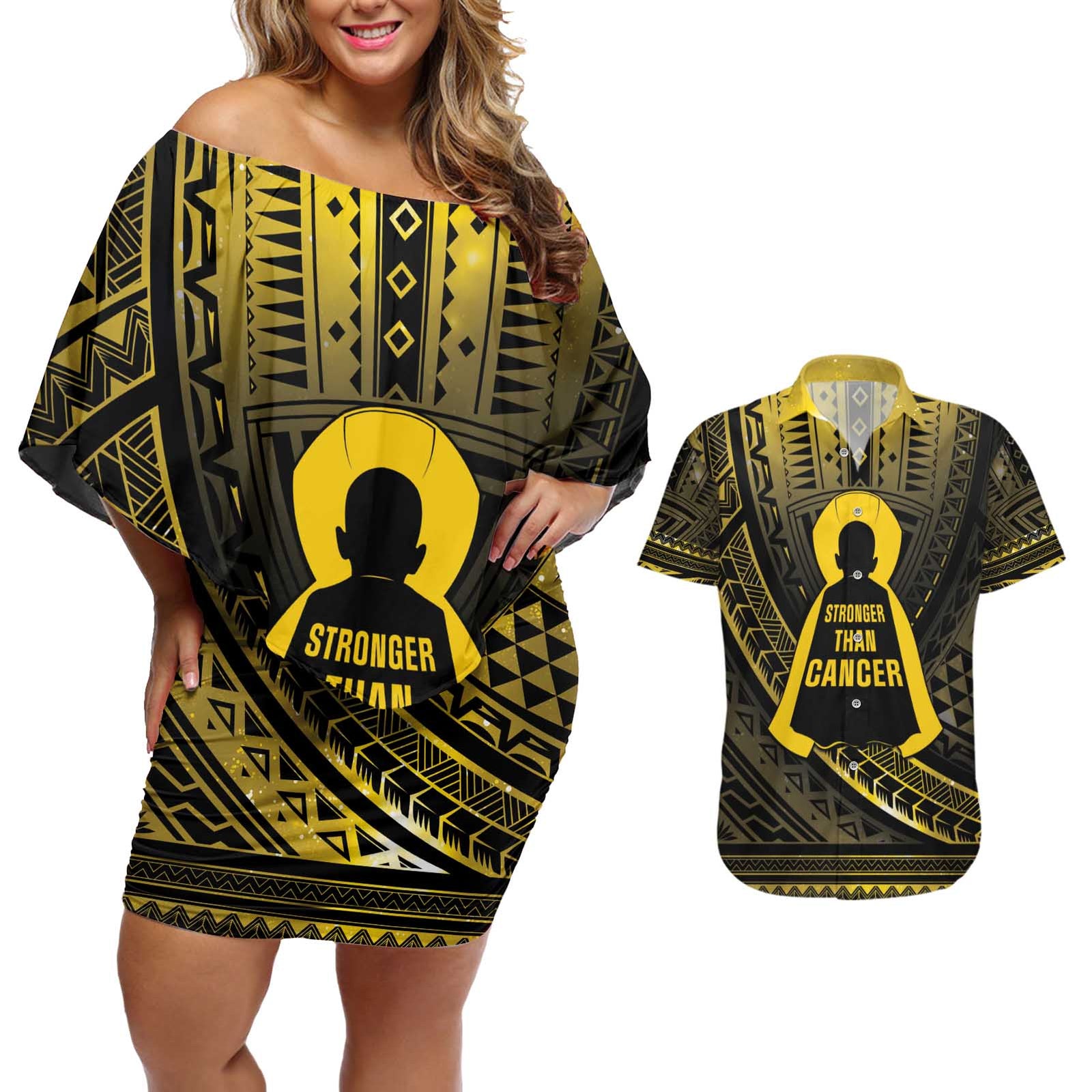 Personalised Polynesia Childhood Cancer Awareness Couples Matching Off Shoulder Short Dress and Hawaiian Shirt You Are Stronger Than Cancer