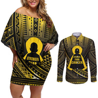 Personalised Polynesia Childhood Cancer Awareness Couples Matching Off Shoulder Short Dress and Long Sleeve Button Shirt You Are Stronger Than Cancer