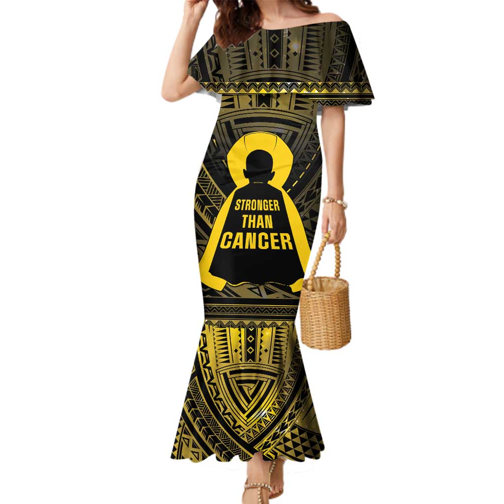Personalised Polynesia Childhood Cancer Awareness Family Matching Mermaid Dress and Hawaiian Shirt You Are Stronger Than Cancer LT05 Mom's Dress Black - Polynesian Pride