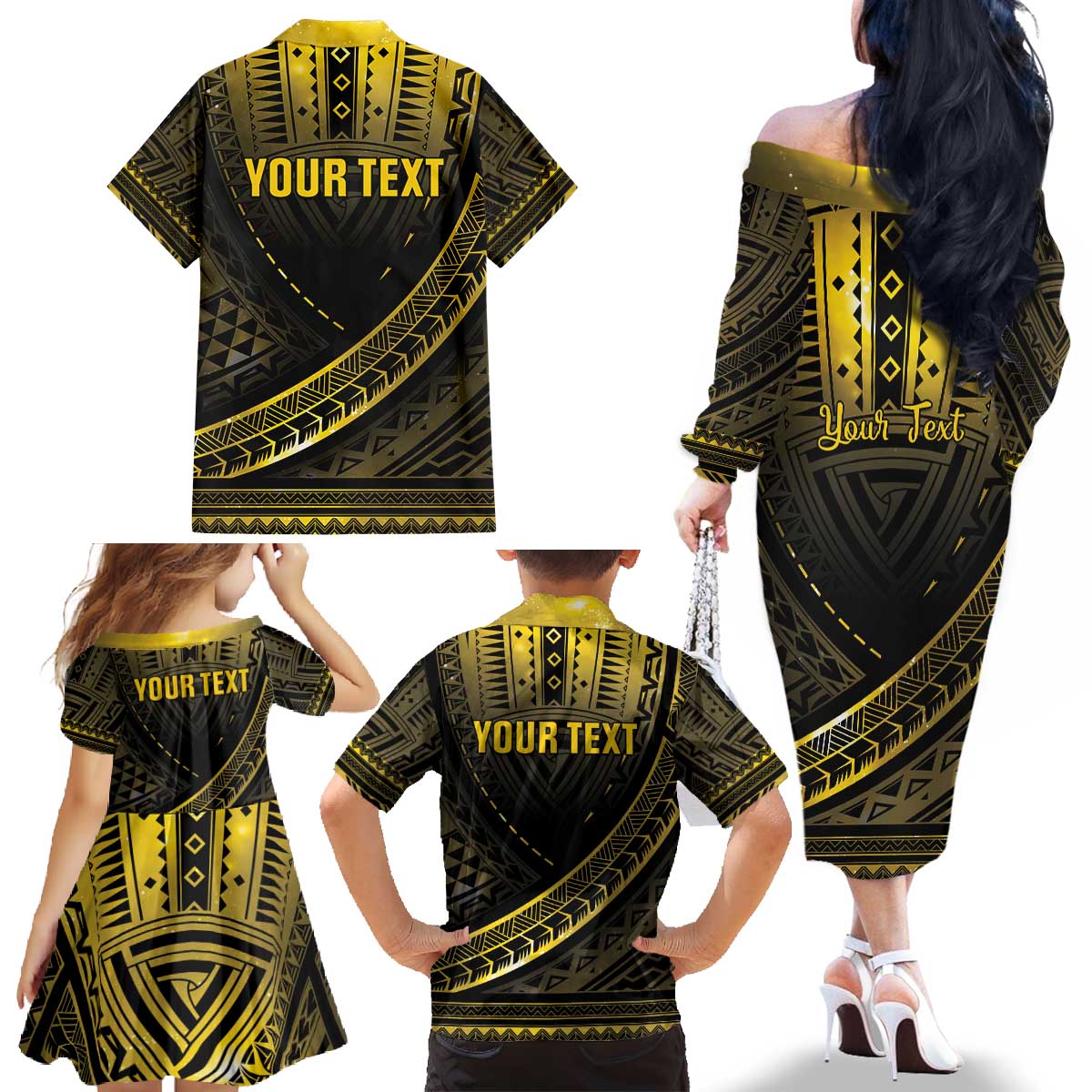 Personalised Polynesia Childhood Cancer Awareness Family Matching Off The Shoulder Long Sleeve Dress and Hawaiian Shirt You Are Stronger Than Cancer LT05 - Polynesian Pride