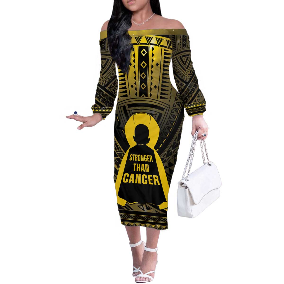 Personalised Polynesia Childhood Cancer Awareness Family Matching Off The Shoulder Long Sleeve Dress and Hawaiian Shirt You Are Stronger Than Cancer LT05 Mom's Dress Black - Polynesian Pride