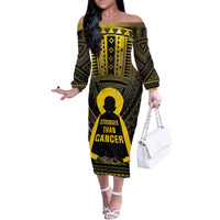 Personalised Polynesia Childhood Cancer Awareness Family Matching Off The Shoulder Long Sleeve Dress and Hawaiian Shirt You Are Stronger Than Cancer LT05 Mom's Dress Black - Polynesian Pride