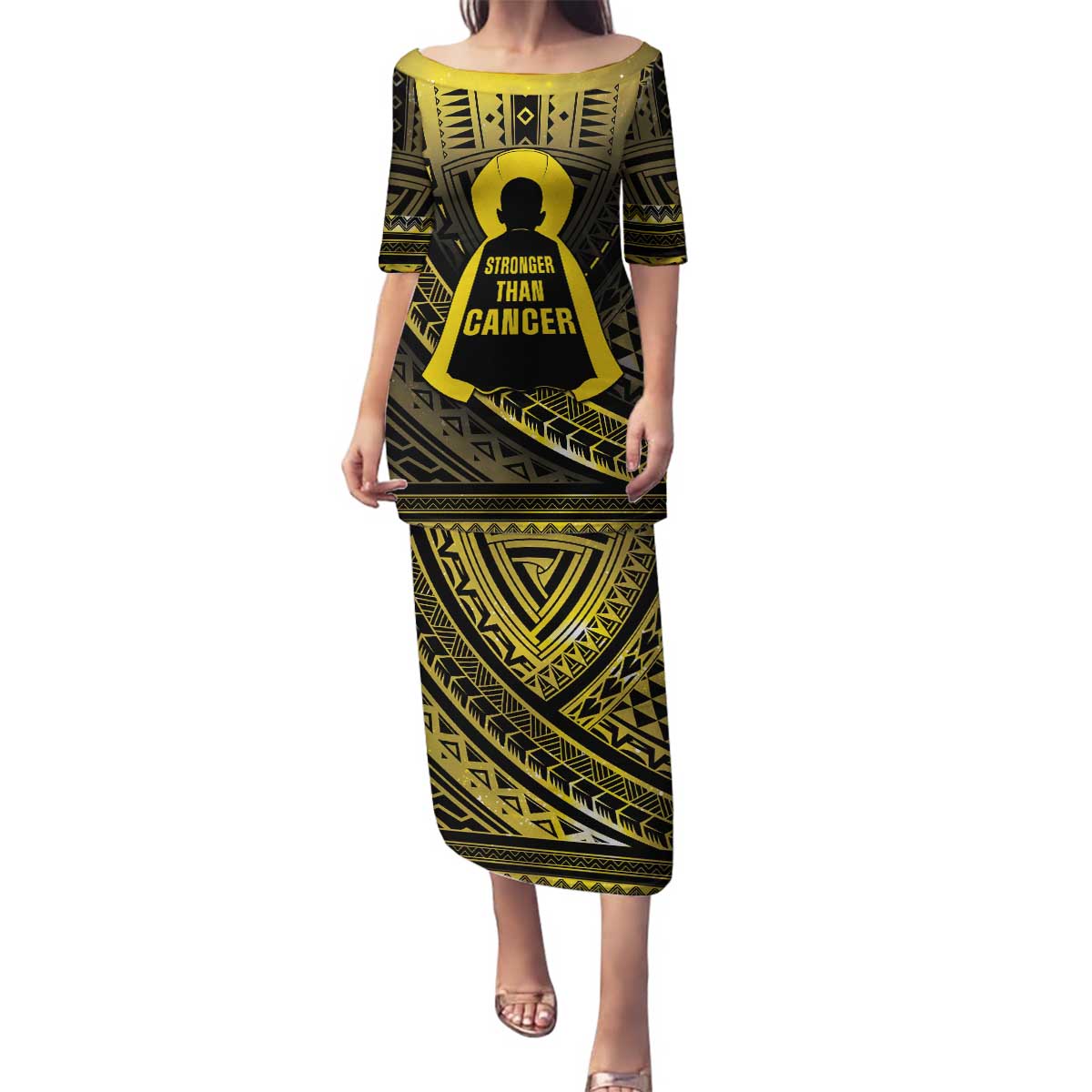 Personalised Polynesia Childhood Cancer Awareness Family Matching Puletasi and Hawaiian Shirt You Are Stronger Than Cancer LT05 Mom's Dress Black - Polynesian Pride