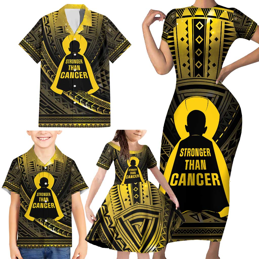 Personalised Polynesia Childhood Cancer Awareness Family Matching Short Sleeve Bodycon Dress and Hawaiian Shirt You Are Stronger Than Cancer LT05 - Polynesian Pride
