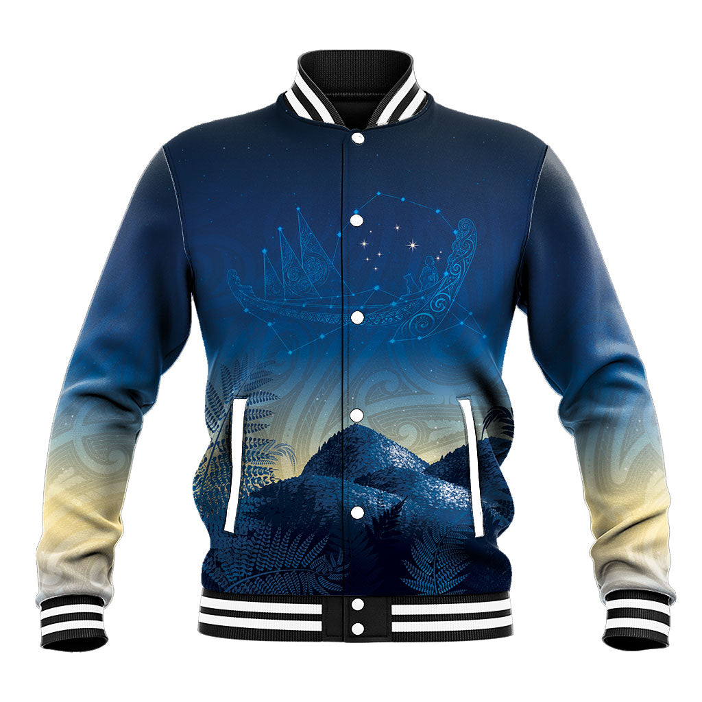 New Zealand Matariki Baseball Jacket Maori Waka With Silver Fern LT05 Unisex Navy - Polynesian Pride