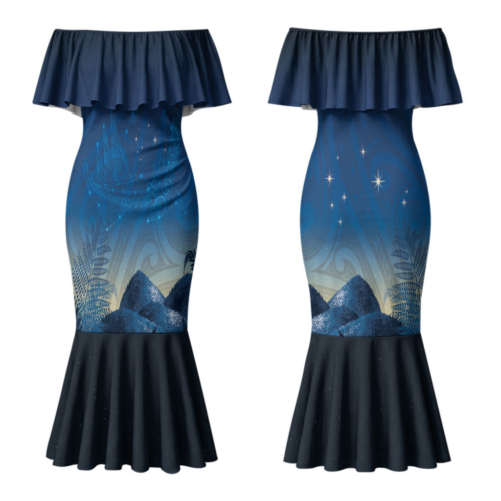 New Zealand Matariki Couples Matching Mermaid Dress and Hawaiian Shirt Maori Waka With Silver Fern LT05 - Polynesian Pride