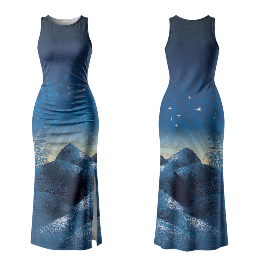 New Zealand Matariki Couples Matching Tank Maxi Dress and Long Sleeve Button Shirt Maori Waka With Silver Fern LT05 - Polynesian Pride