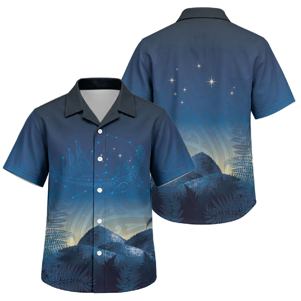 New Zealand Matariki Family Matching Off Shoulder Short Dress and Hawaiian Shirt Maori Waka With Silver Fern LT05 Son's Shirt Navy - Polynesian Pride