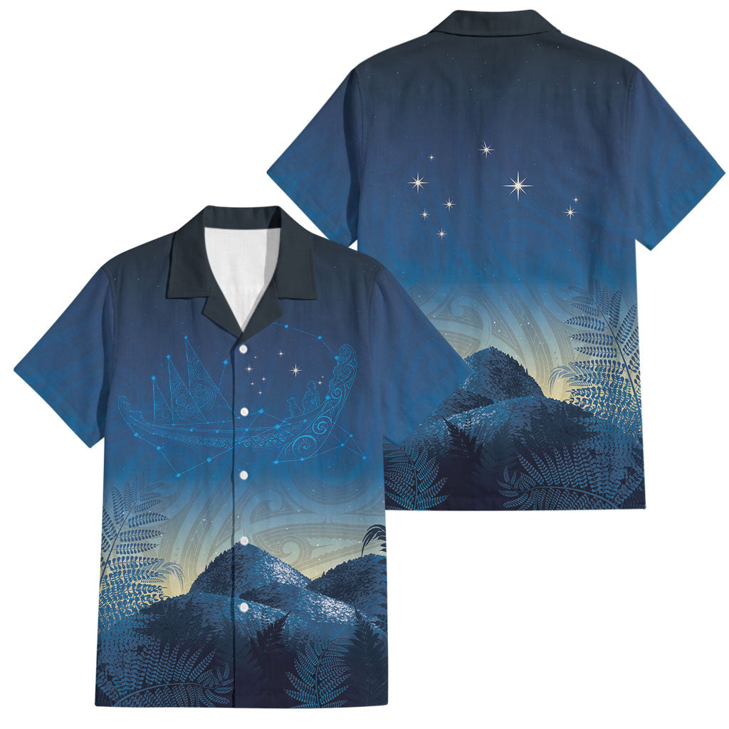 New Zealand Matariki Family Matching Short Sleeve Bodycon Dress and Hawaiian Shirt Maori Waka With Silver Fern LT05 Dad's Shirt - Short Sleeve Navy - Polynesian Pride