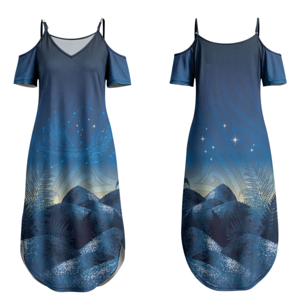 New Zealand Matariki Family Matching Summer Maxi Dress and Hawaiian Shirt Maori Waka With Silver Fern LT05 Mom's Dress Navy - Polynesian Pride
