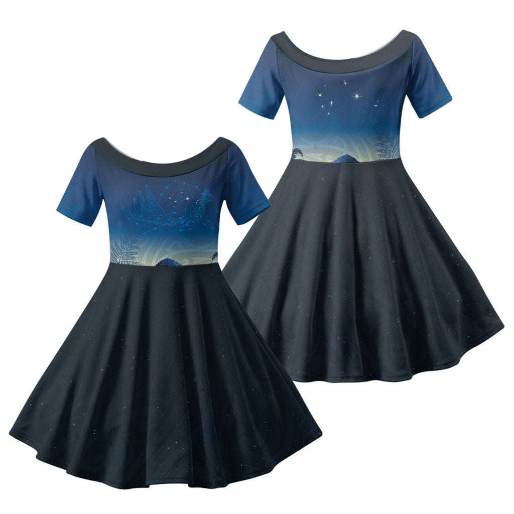 New Zealand Matariki Family Matching Summer Maxi Dress and Hawaiian Shirt Maori Waka With Silver Fern LT05 Daughter's Dress Navy - Polynesian Pride