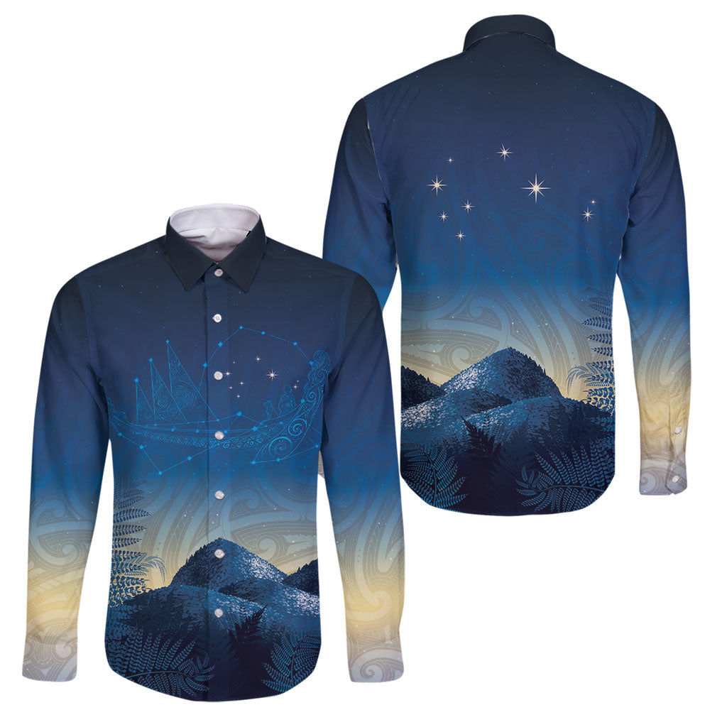 New Zealand Matariki Family Matching Tank Maxi Dress and Hawaiian Shirt Maori Waka With Silver Fern LT05 Dad's Shirt - Long Sleeve Navy - Polynesian Pride