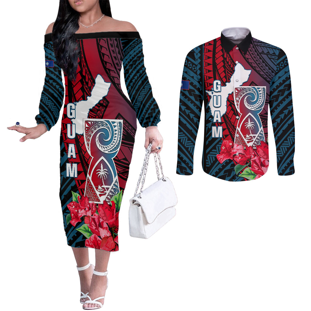 Guam Couples Matching Off The Shoulder Long Sleeve Dress and Long Sleeve Button Shirts Latte Stone Mix Bougainvillea Polynesian Pattern LT05 Blue - Polynesian Pride