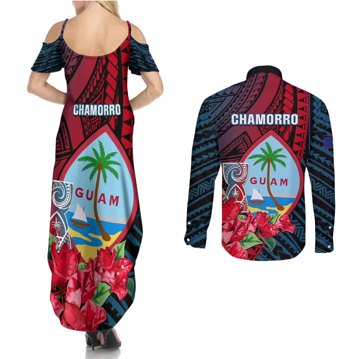 Guam Couples Matching Summer Maxi Dress and Long Sleeve Button Shirts Latte Stone Mix Bougainvillea Polynesian Pattern LT05 - Polynesian Pride
